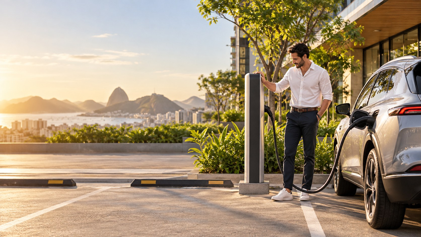 Imagem ilustrativa de um empreendedor junto a um veículo elétrico conectado a uma estação de recarga